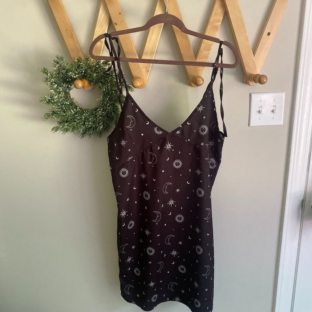 Skinny Dip London ASOS Celestial Sun and Moon Tie Strap Black Slip Dress